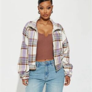 Small Plaid Women's Cropped Shacket Jacket in Purple and White